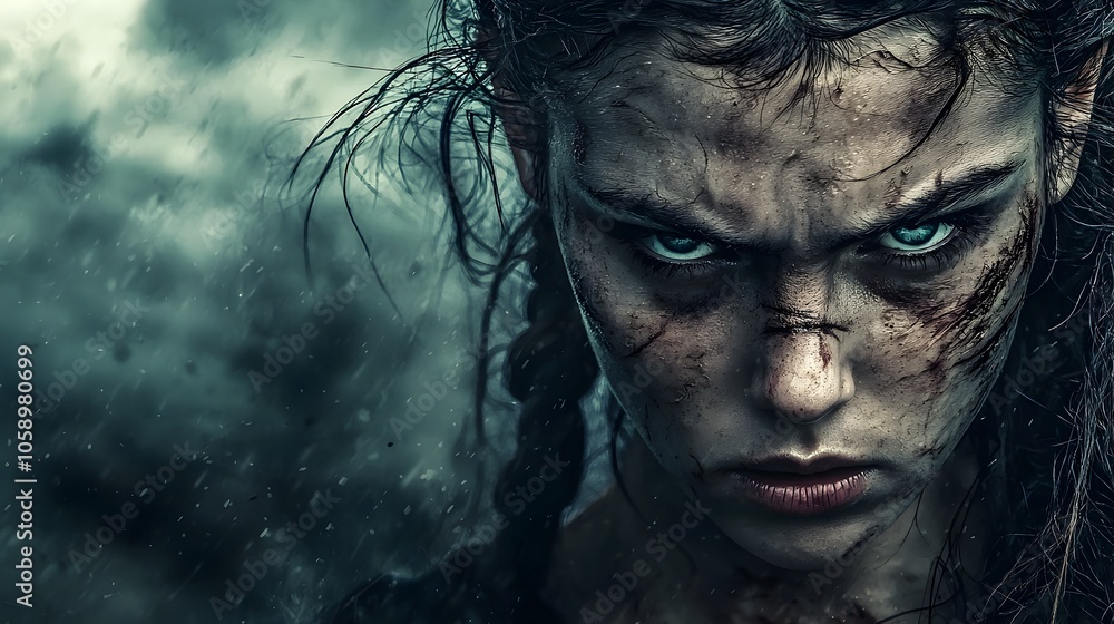 Fierce and Determined Warrior Woman in Stormy Battlefield Setting Fierce and Determined Warrior Woman in Stormy Battlefield Setting