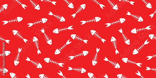 Seamless pattern of fish bones skeleton. Fish bone motif silhouette vector illustration on a red background