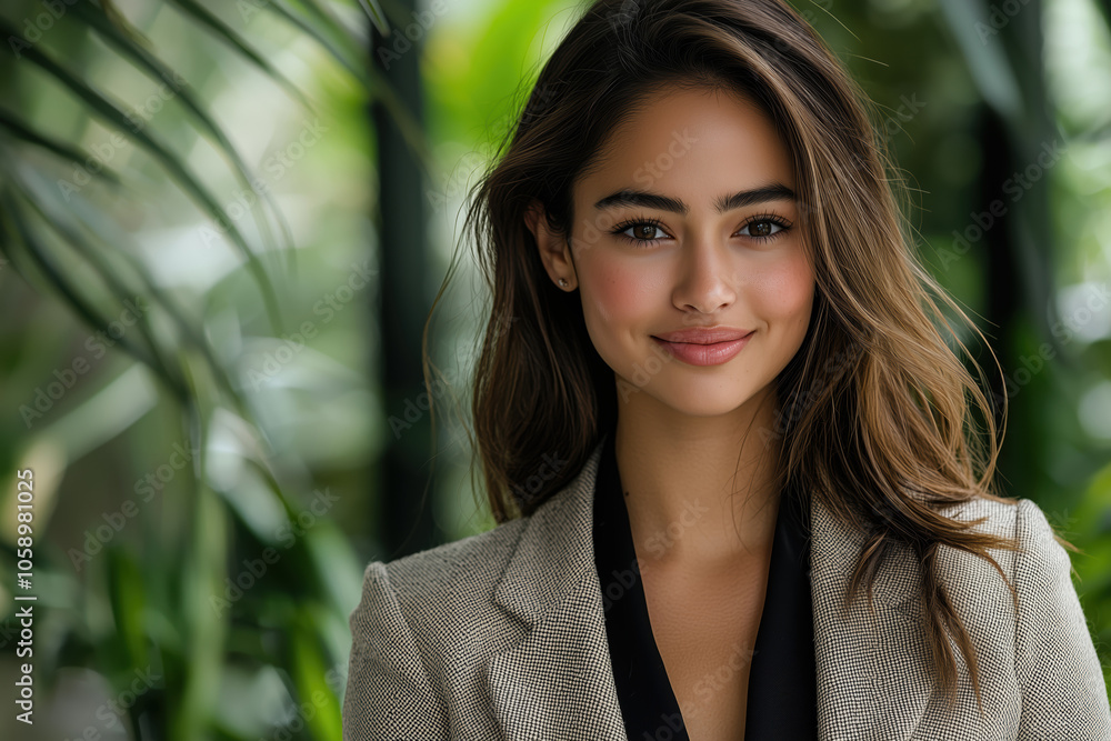 Professional Woman with Warm Smile and Stylish Blazer Surrounded by Greenery Professional Woman with Warm Smile and Stylish Blazer Surrounded by Greenery