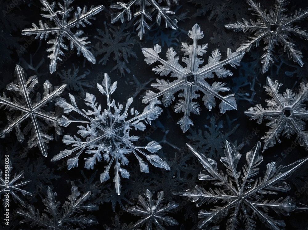 Close-up of delicate snowflakes on a dark background, showcasing their intricate patterns and winter beauty Close-up of delicate snowflakes on a dark background, showcasing their intricate patterns and winter beauty