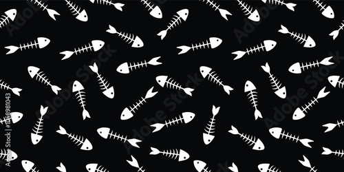 Seamless pattern of fish bones skeleton. Fish bone motif silhouette vector illustration on a black background