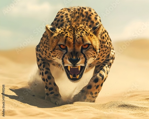 Fierce Cheetah s Snarling Face Locking Eyes with Prey in Desert Landscape photo