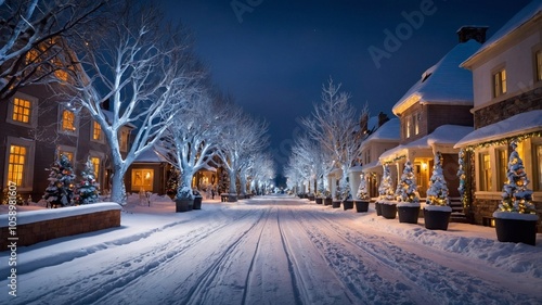 Cozy winter street, houses decorated for Christmas, trees and garlands. Festive atmosphere