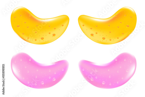 Beauty clear pink, gold, yellow hydrogel eye patches with gel texture isolated, transparent background. Korean lifting face mask icon, cosmetic product for spa, moisturising, skin care treatment.