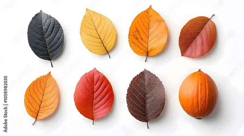 Autumn leaves and pumpkin arrangement on white background Autumn leaves and pumpkin arrangement on white background