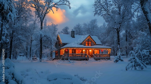 Beautiful wooden house in the winter forest photo