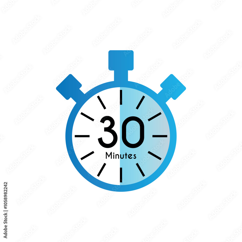 Stopwatch icon 30 minutes timer in flat style vector, 30 min clock, cooking time, countdown icon Stopwatch icon 30 minutes timer in flat style vector, 30 min clock, cooking time, countdown icon
