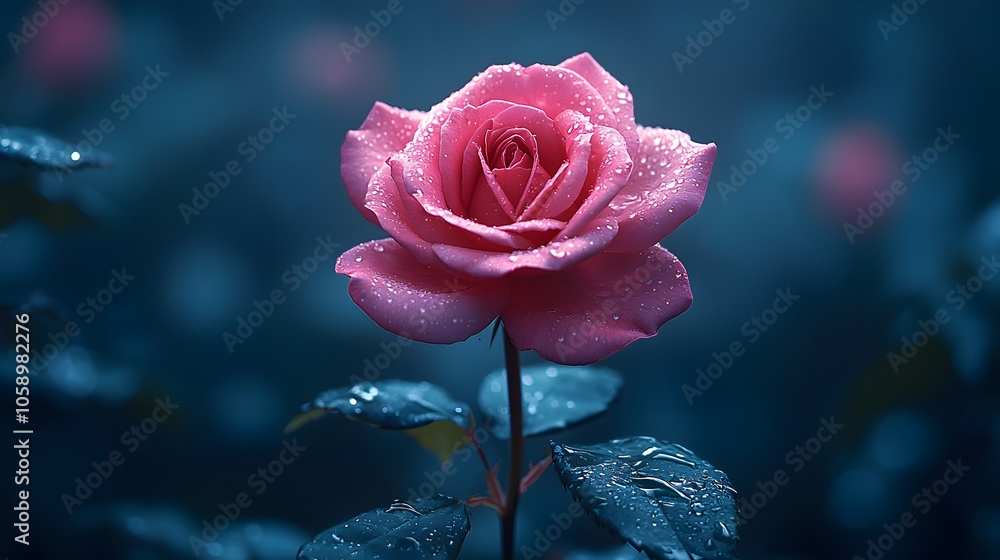Obraz premium Vibrant pink rose with dewdrops in a moody blue-grey garden setting