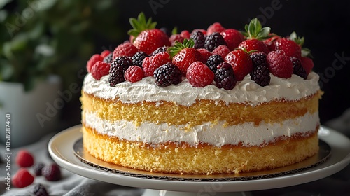 Delicious layer cake with fresh berries on top of whipped cream