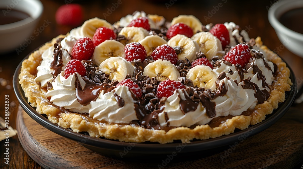 Indulgent chocolate banana raspberry pie with whipped cream and chocolate shavings Indulgent chocolate banana raspberry pie with whipped cream and chocolate shavings