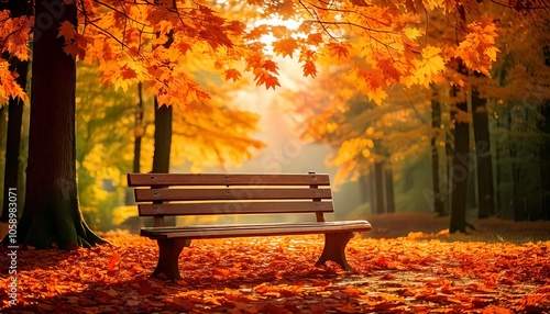 Autumn TranquilityA Park Bench Surrounded by Colorful Leaves photo