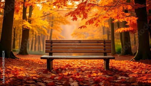 Autumn TranquilityA Park Bench Surrounded by Colorful Leaves photo