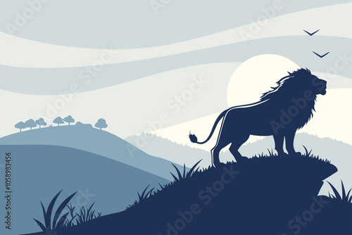 Majestic Lion Silhouette Vector on Hilltop