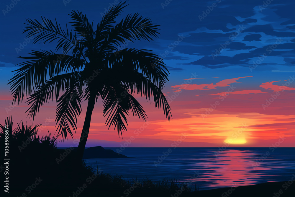 Silhouette of palm trees at sunset Over tropical beach Silhouette of palm trees at sunset Over tropical beach