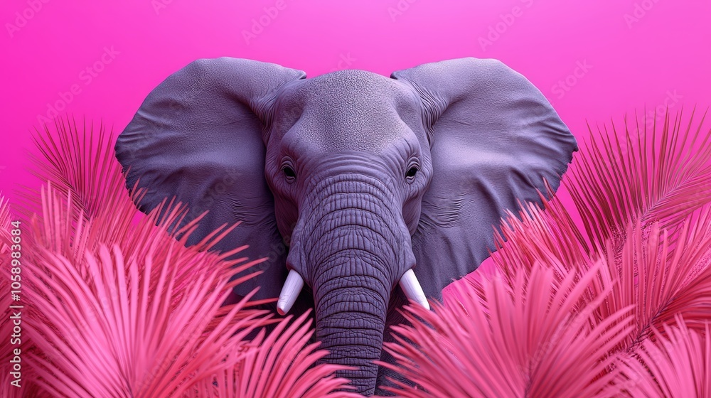 Majestic Elephant Portrait with Pink Palm Leaves on Vibrant Background Majestic Elephant Portrait with Pink Palm Leaves on Vibrant Background
