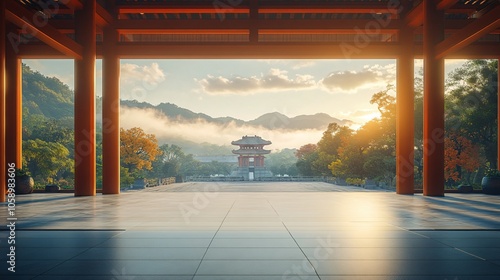 Traditional Chinese Architecture with Platform, Road, and Parking Area on Brick Surface for Automotive Advertisement Featuring Blank Background photo