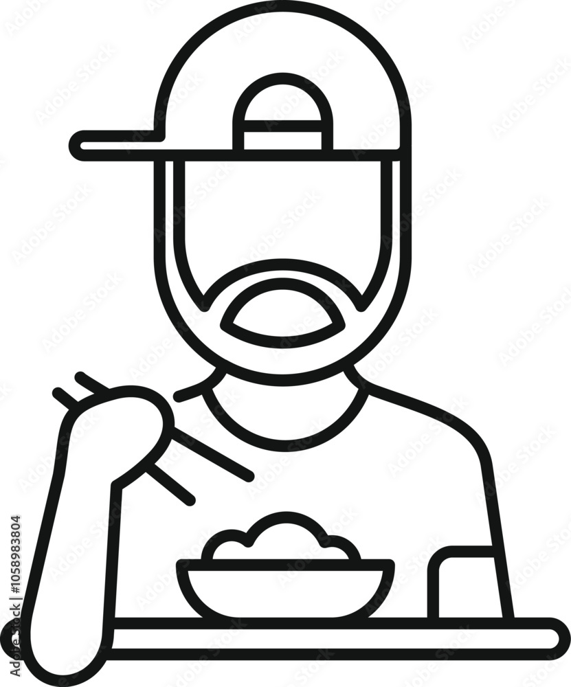 Bearded man wearing a baseball cap enjoying a meal of noodles using chopsticks, representing lunch break or food culture Bearded man wearing a baseball cap enjoying a meal of noodles using chopsticks, representing lunch break or food culture
