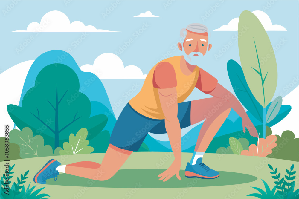 Elderly man in yellow shirt stretches on green lawn under blue sky. Mood of health and wellness in natural setting. Elderly man in yellow shirt stretches on green lawn under blue sky. Mood of health and wellness in natural setting.
