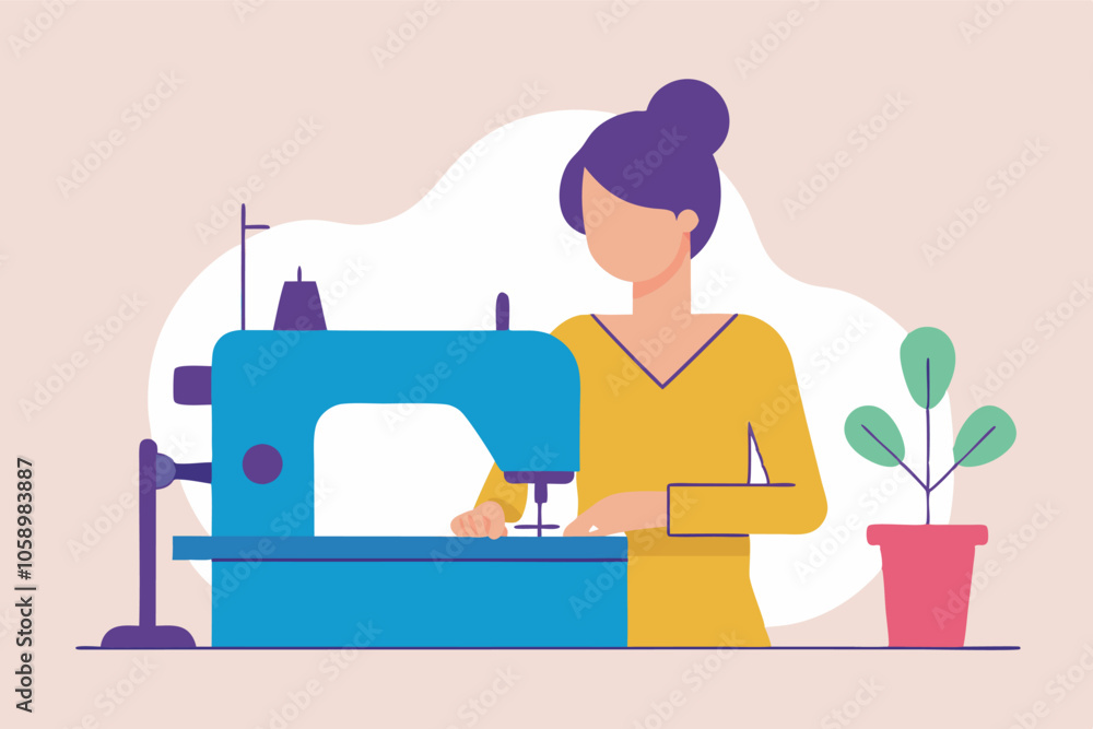 Fototapeta premium Flat design illustration: woman at a sewing machine in a grey background, focused on sewing. A green plant adds vibrancy to the busy scene.