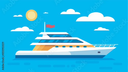 A cartoon yacht, white with a red flag, floats on a blue sea. Two-tier, spacious design with windows, under sunny sky with clouds and sun.