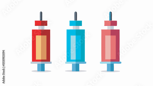 Image shows 3 syringes with blue and red colors and pointed needles. A symbol on the right syringe is ambiguous. Content inside syringes is unspecified.