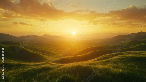 Sunrise Over Lush Green Hills