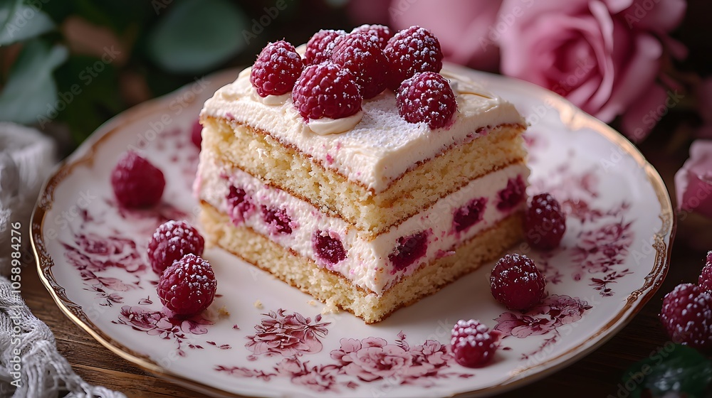 Raspberry layer cake with cream on elegant floral plate Raspberry layer cake with cream on elegant floral plate