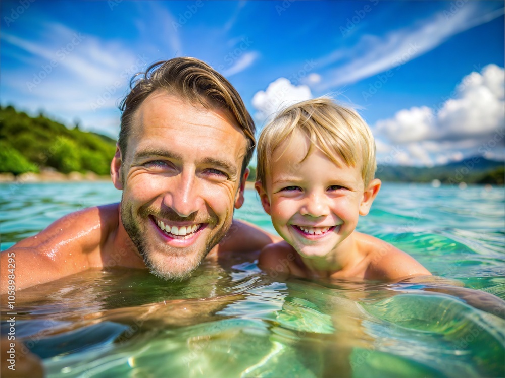 Fototapeta premium Happy Father and son swimming in pool together. Smiling family on an active vacation with child 