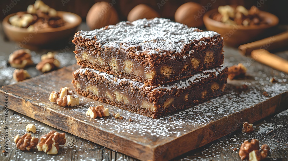 Delicious chocolate brownie squares with walnuts and powdered sugar on rustic wooden board Delicious chocolate brownie squares with walnuts and powdered sugar on rustic wooden board
