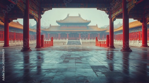 Traditional Chinese Architecture with Platform, Road, and Parking Area on Brick Surface for Automotive Advertisement Featuring Blank Background photo