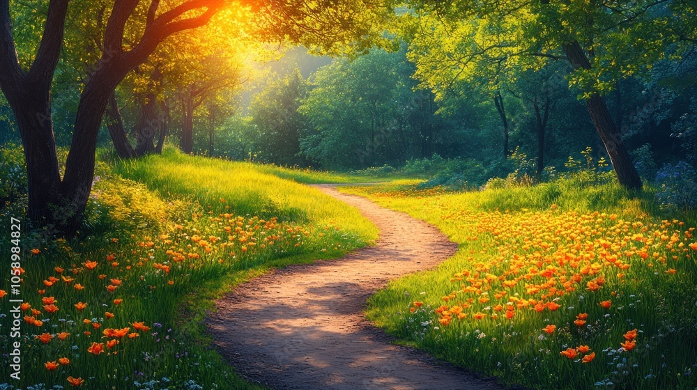 Fototapeta premium Sunny Path Through a Flower Field
