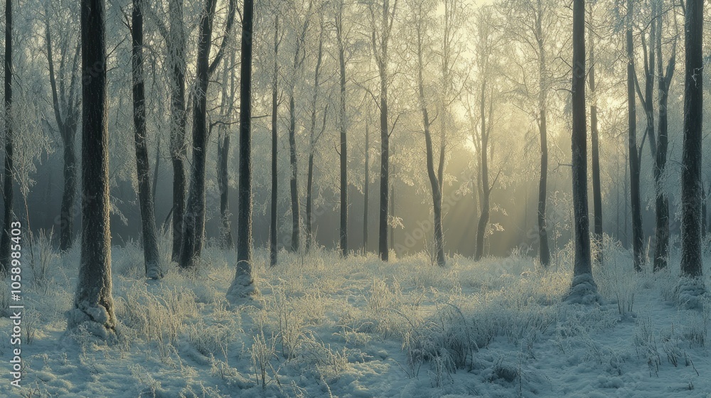 Naklejka premium Frosty Forest Panorama at Sunrise