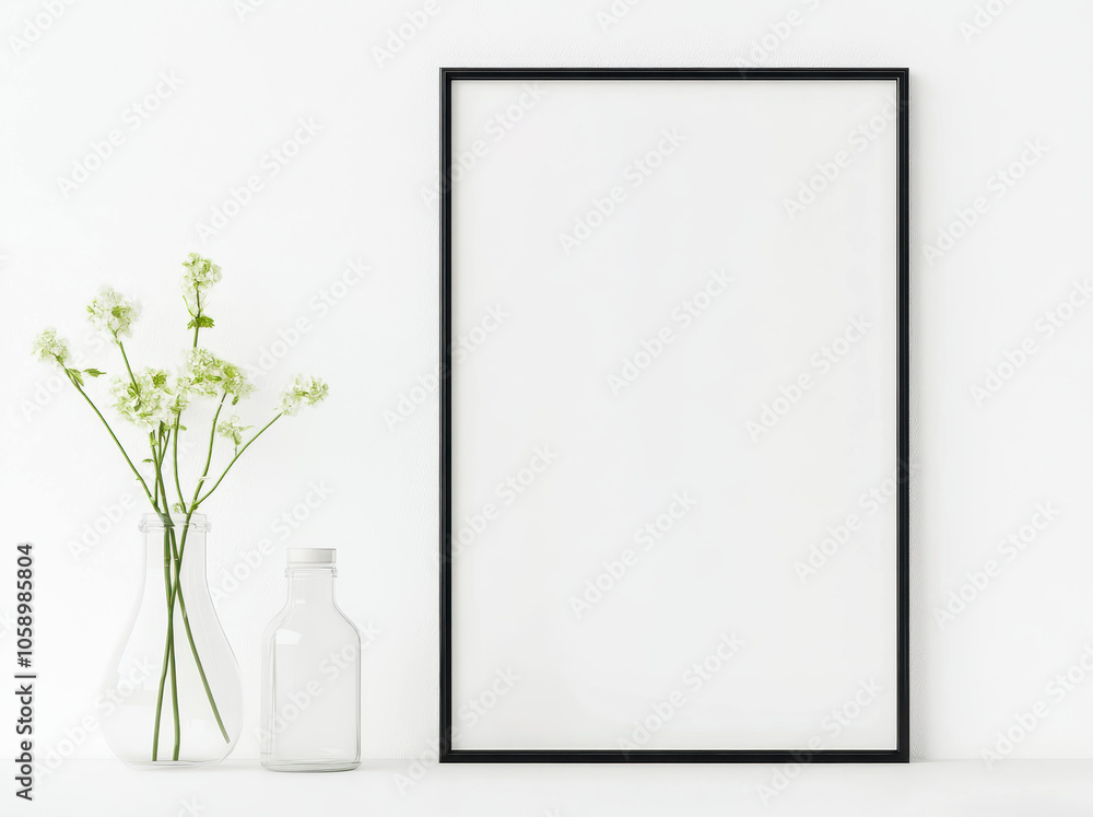 Minimalist mockup with vase flowers and black frame on white wall Minimalist mockup with vase flowers and black frame on white wall