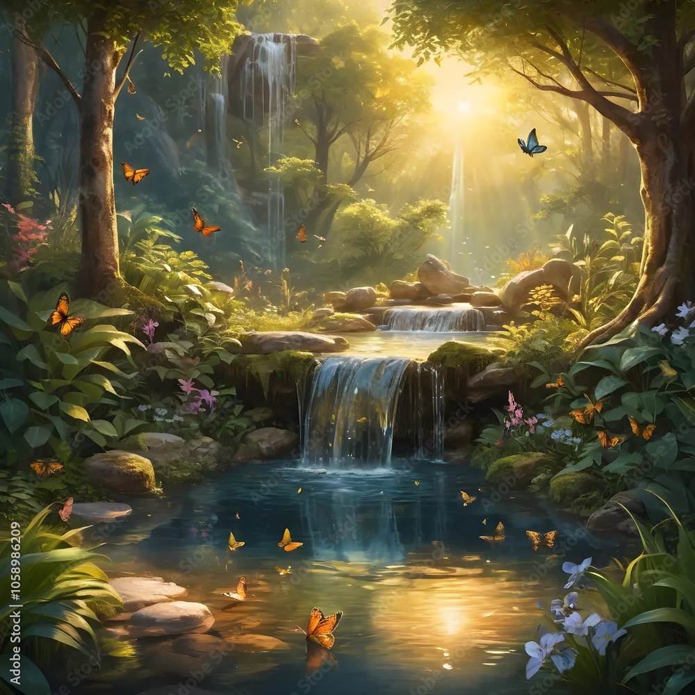 A cozy forest bathed in warm glow sunset, with a waterfall flowing into a pool, butterflies fluttering around, bringing life and tranquility, painting art A cozy forest bathed in warm glow sunset, with a waterfall flowing into a pool, butterflies fluttering around, bringing life and tranquility, painting art