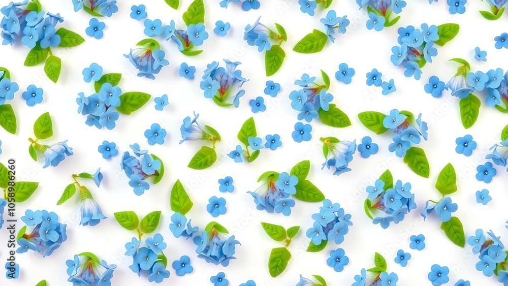 Fototapeta premium A repeating pattern of tiny blue forget-me-nots with delicate green leaves, arranged closely on a white background for a cheerful textile print. 