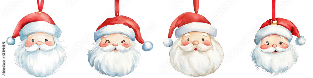 Four playful Santa Claus faces with cheerful expressions, white isolated background. Four playful Santa Claus faces with cheerful expressions, white isolated background.