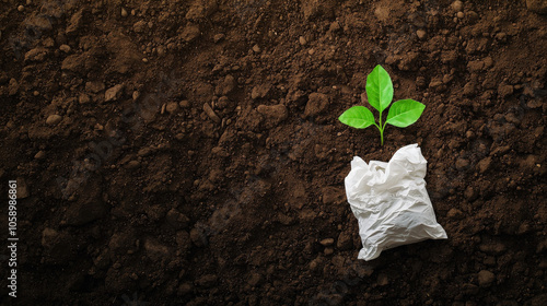 Biodegradable plastic bag decomposing in soil with green plant sprouting, symbolizing sustainability and environmental care