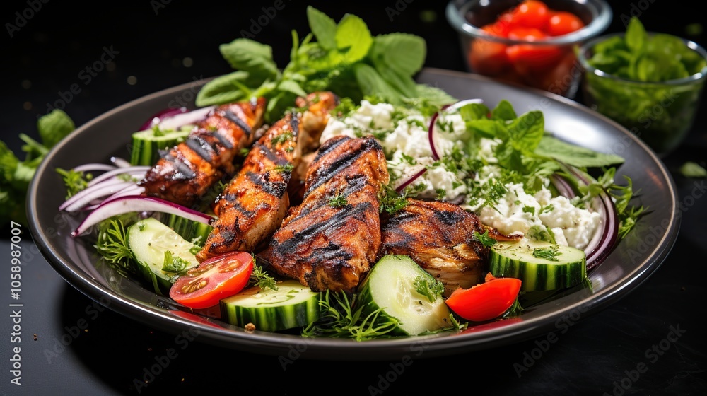 A plate of grilled chicken, feta cheese, cucumbers, tomatoes, red onion, and herbs. A plate of grilled chicken, feta cheese, cucumbers, tomatoes, red onion, and herbs.