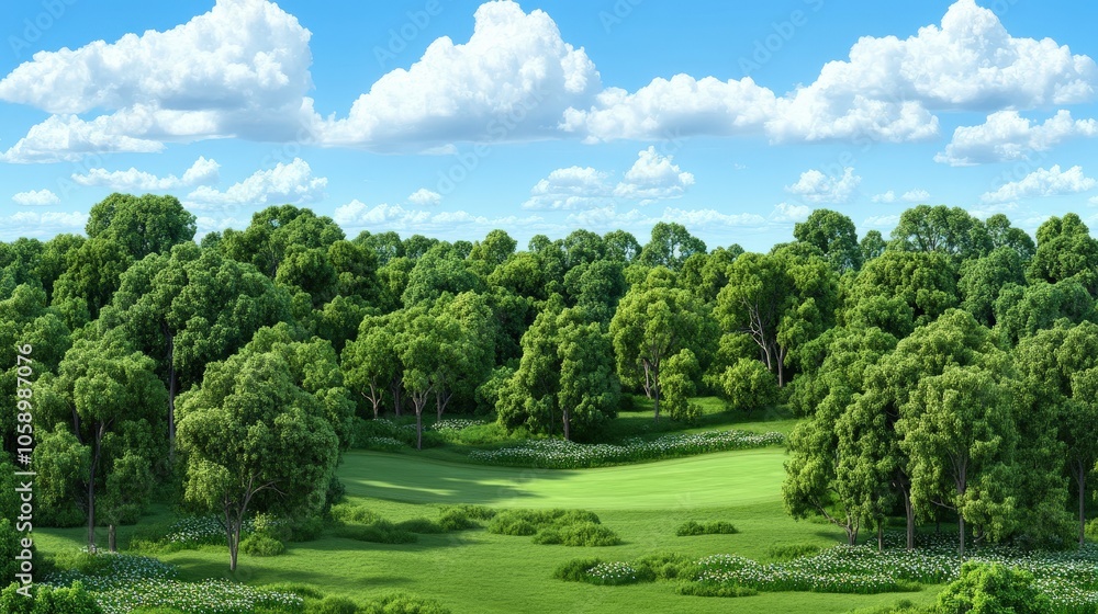 Lush Green Forest Meadow with White Flowers and Blue Sky Landscape Lush Green Forest Meadow with White Flowers and Blue Sky Landscape