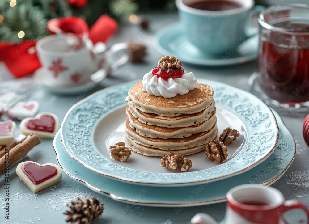 Festive pancake stack with walnuts and whipped cream for holiday breakfast Festive pancake stack with walnuts and whipped cream for holiday breakfast