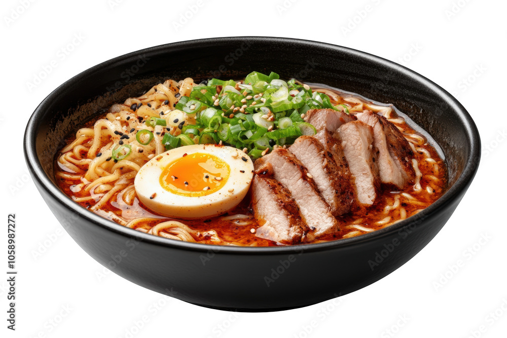 Spicy ramen with boiled egg and sliced pork, PNG isolated on transparent background, white background. Spicy ramen with boiled egg and sliced pork, PNG isolated on transparent background, white background.