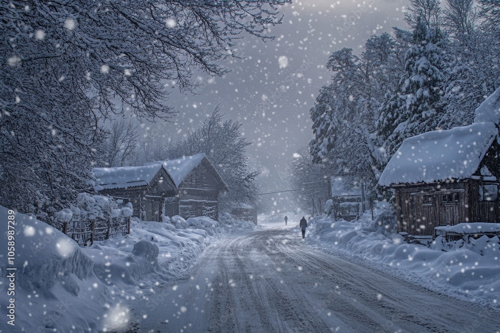 A tranquil rural road is enveloped in a thick layer of snow, with charming wooden houses on either side. Soft snowflakes fall as dusk settles, creating a peaceful winter atmosphere A tranquil rural road is enveloped in a thick layer of snow, with charming wooden houses on either side. Soft snowflakes fall as dusk settles, creating a peaceful winter atmosphere