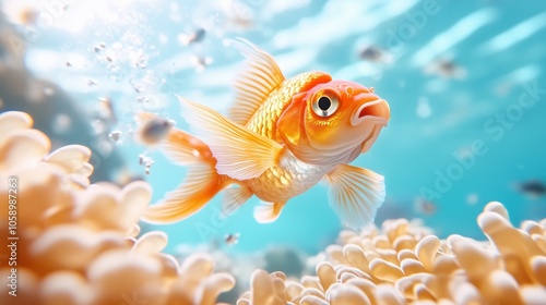 Goldfish gliding gracefully among colorful anemones in a vibrant ocean ecosystem