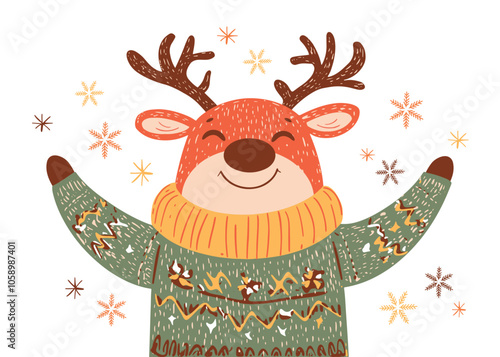 Hand-Drawn Reindeer in Winter Attire