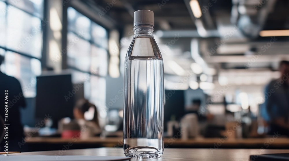 A cool water bottle in the midst of a busy desk setup, inspiring hydration and energy during a long day in the office A cool water bottle in the midst of a busy desk setup, inspiring hydration and energy during a long day in the office