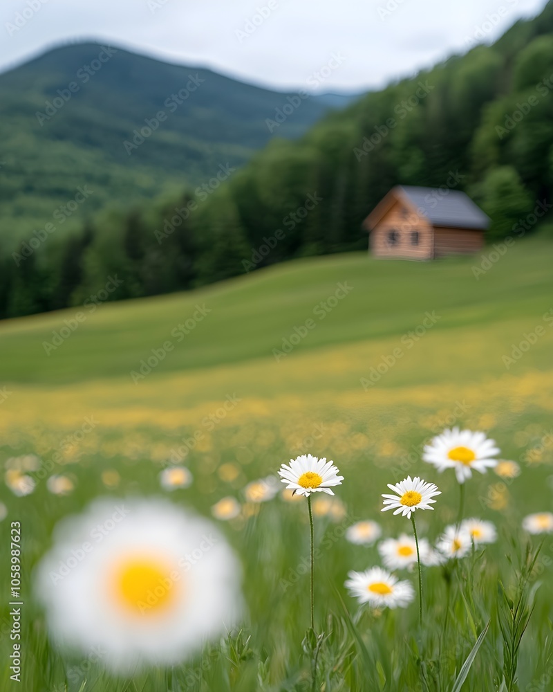 Tranquil meadow with daisies and a rustic cabin in the distance Tranquil meadow with daisies and a rustic cabin in the distance