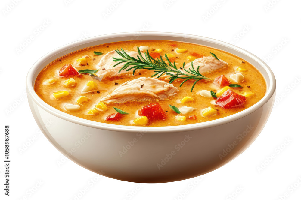 Chicken and corn chowder with thyme garnish, PNG isolated on transparent background, white background. Chicken and corn chowder with thyme garnish, PNG isolated on transparent background, white background.