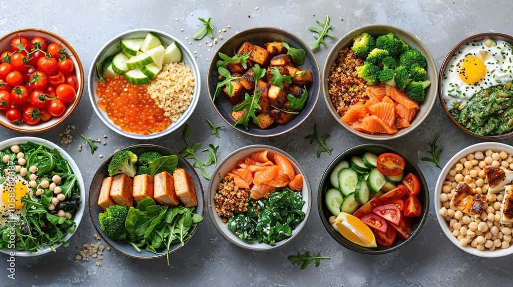 A variety of colorful and healthy bowls with different ingredients, such as salmon, tofu, vegetables, and eggs, on a gray background. A variety of colorful and healthy bowls with different ingredients, such as salmon, tofu, vegetables, and eggs, on a gray background.