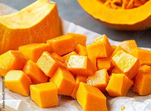 Freshly cut pumpkin cubes on rustic kitchen table