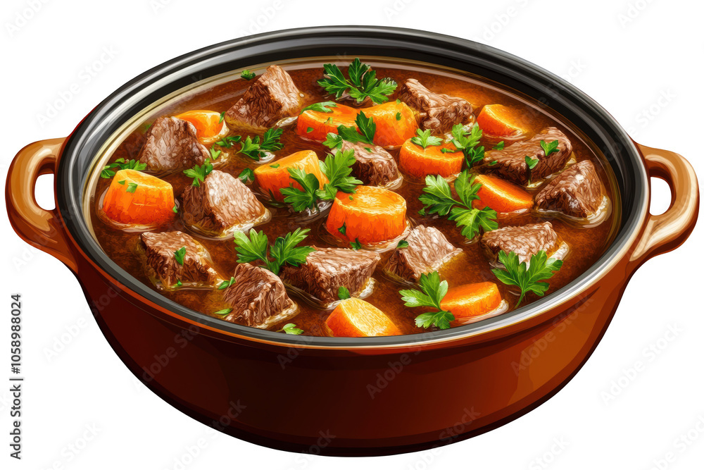 Irish lamb stew with carrots and parsley, PNG isolated on transparent background, white background. Irish lamb stew with carrots and parsley, PNG isolated on transparent background, white background.